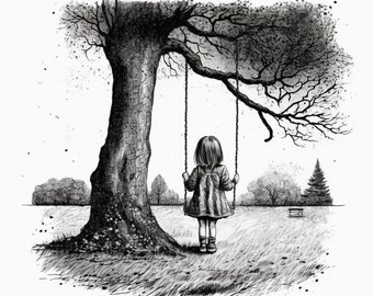 Drawn sketch of a girl on a swing under the tree