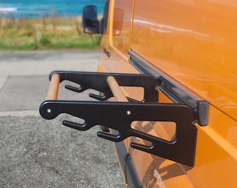 RailRack for Sprinter/Crafter - a drying rack for wetsuits and other gear. It connects to the side door rail of MB Sprinter and VW Crafter.