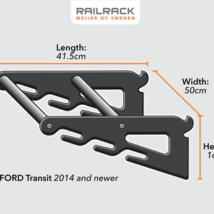 May include: A black metal Railrack cargo carrier for a Ford Transit 2014 and newer. The carrier is 16 cm high, 41.5 cm long, and 50 cm wide. The Railrack logo is at the top.