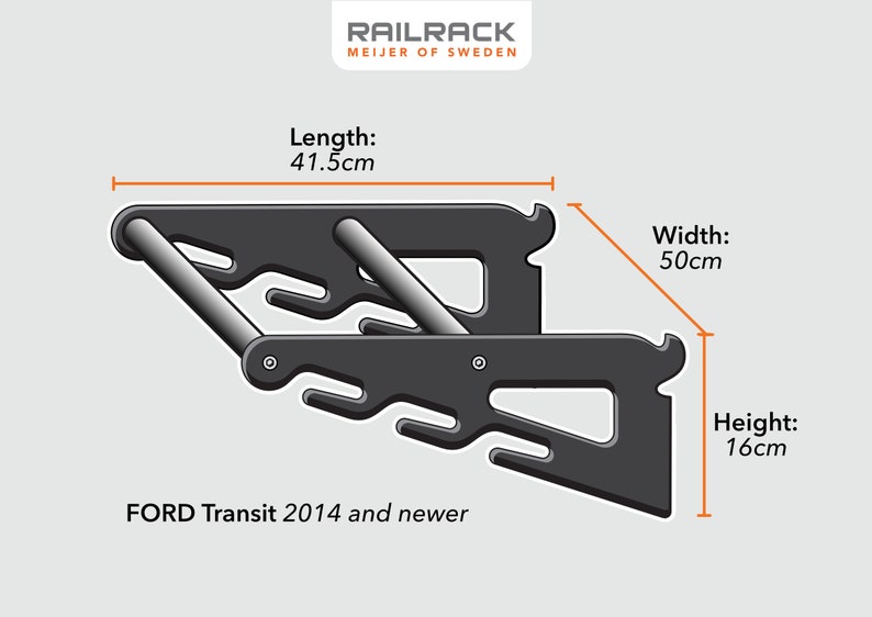 May include: A black metal Railrack cargo carrier for a Ford Transit 2014 and newer. The carrier is 16 cm high, 41.5 cm long, and 50 cm wide. The Railrack logo is at the top.