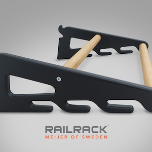 May include: Black wooden rail rack with natural wood dowels. The rack has a unique design with curved edges and multiple hooks for hanging items. The text "RAILRACK MEIJER OF SWEDEN" is printed at the bottom.