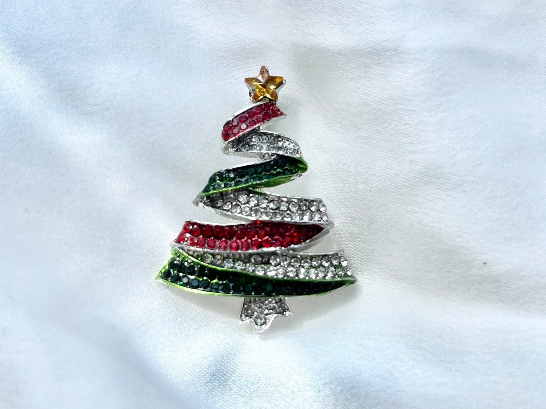 Broche En Forme De Sapin De Noël Avec Strass | Alliage Plaqué, Dimensions ~6.5x4.8 Cm | Cadeau De Noël Pour Femme, Robe, Manteau