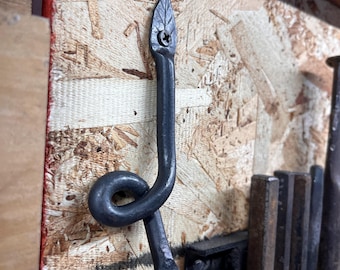 Key Holder - Iron Hook with Leaf Accents - Hand-Forged Rustic Blacksmith Wall-Mounted Hook