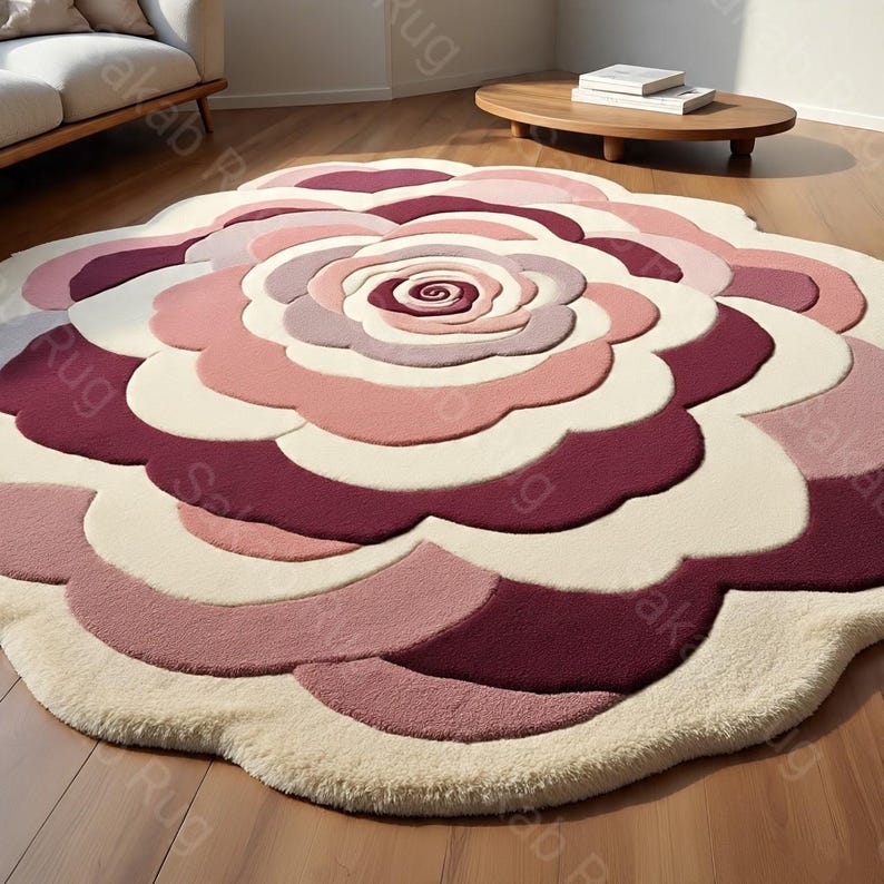 May include: A round, floral-shaped rug in shades of cream, pink, and burgundy. The rug's design resembles a rose, with layered petals and a central spiral. The rug is placed on a wooden floor, with a sofa and coffee table in the background.
