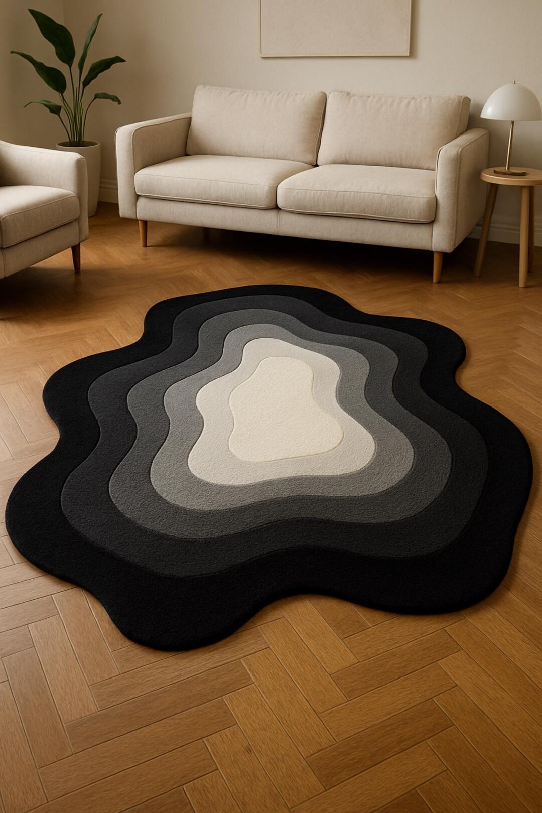 Hand Tufted Wool Rug: Black and Grey Abstract Waves - Etsy