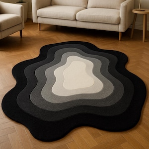 Hand Tufted Wool Rug: Black and Grey Abstract Waves