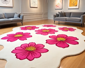 Irregular Hot Pink Flower Rug | Custom Shaped Daisy Statement Carpet | White & Yellow Hand Tufted Bedroom Mat