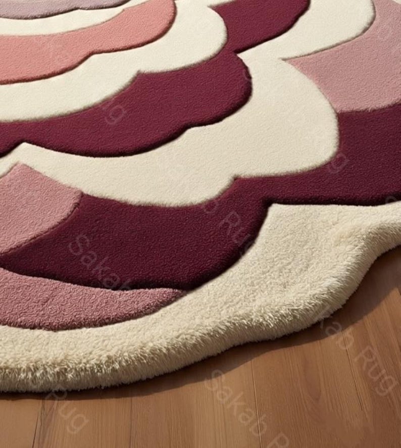 May include: A floral-shaped rug in shades of pink, cream, and burgundy. The rug has a soft, textured surface with a layered design. The rug's edges are rounded, and it sits on a wooden floor.