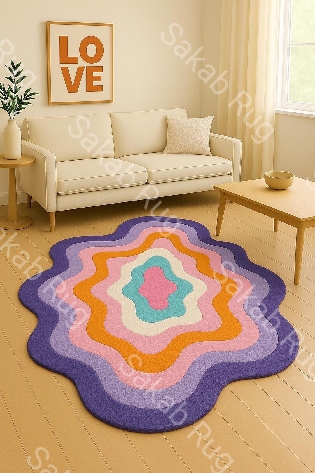 Hand Tufted Wool Rug, Modern Cream Abstract Wavy Lines, Scandinavian ...