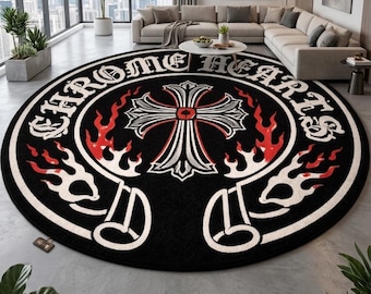 Chrome Hearts Inspired Circular Rug Gothic Cross & Flame Tufted Area Rug Large Hypebeast Floor Decor Handmade Black and Red Studio Mat
