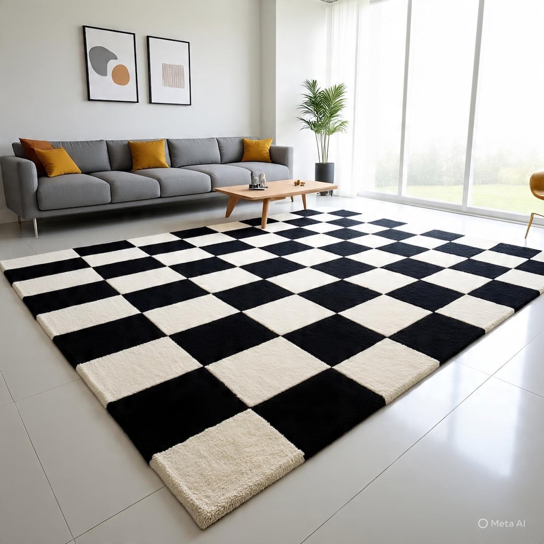 Hand Tufted Large Checkerboard Area Rug | Black & Cream Hand Tufted ...