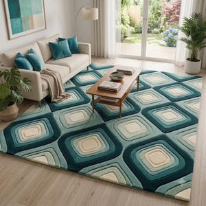Hand Tufted Geometric Area Rug, 3D Carved Teal Green Wool Carpet, Mid Century Modern Rounded Square Rug, Modern Bedroom Area Rug