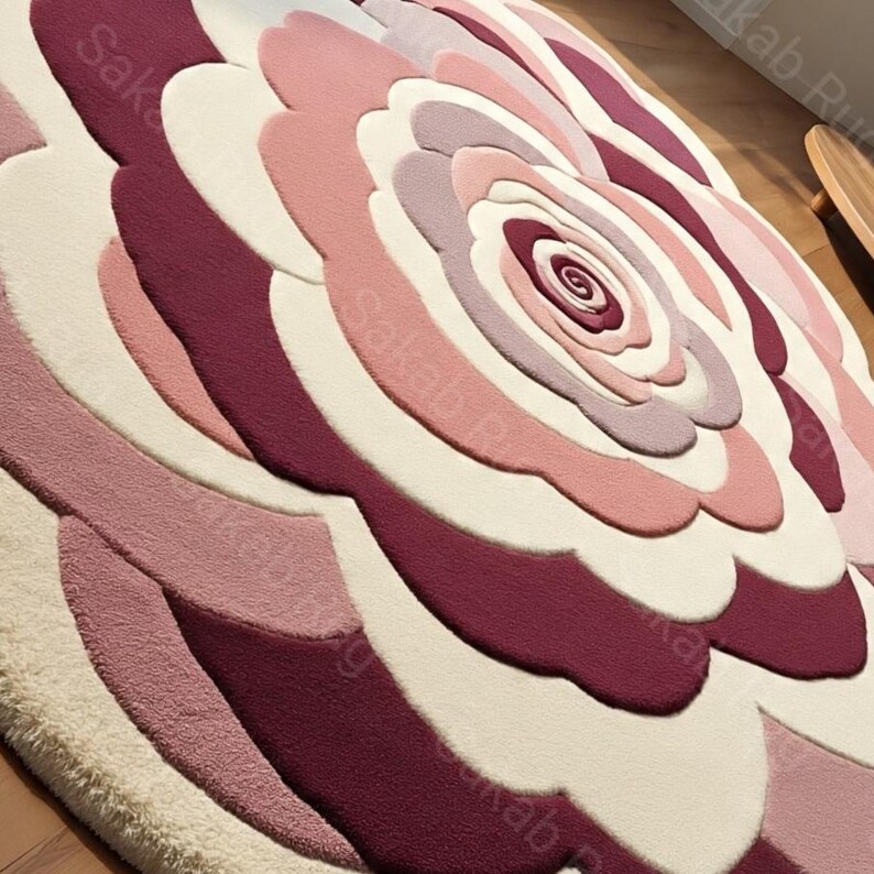 May include: A round rug in the shape of a flower, featuring a layered design with petals in shades of white, pink, and burgundy. The rug has a soft, textured surface, creating a plush appearance. The floral pattern is centered, with the petals radiating outwards.
