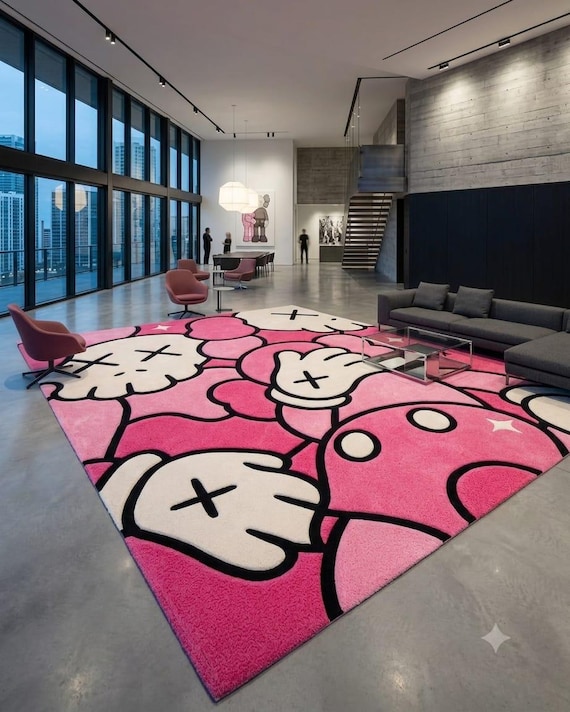 Hand Tufted Pink KAWS Rug, 3D Carved Luxury Modern Area Rug, Large Streetwear Abstract Wool Rug for Living Room, Hypebeast Statement Rug