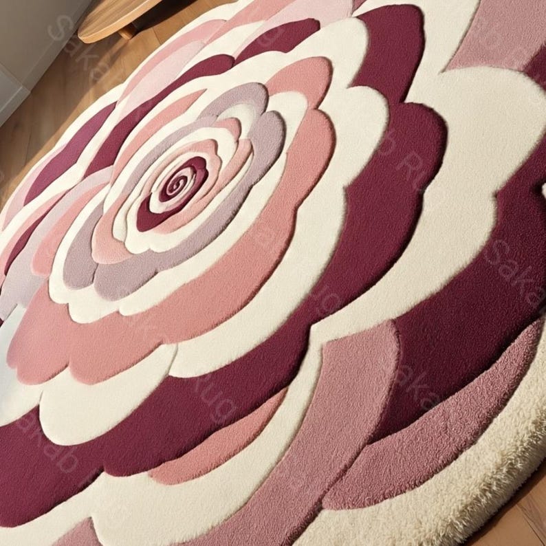 May include: A round rug with a floral design, featuring layers of petals in shades of pink, cream, and burgundy. The rug has a textured surface and a soft, plush appearance, creating a decorative accent for any room.