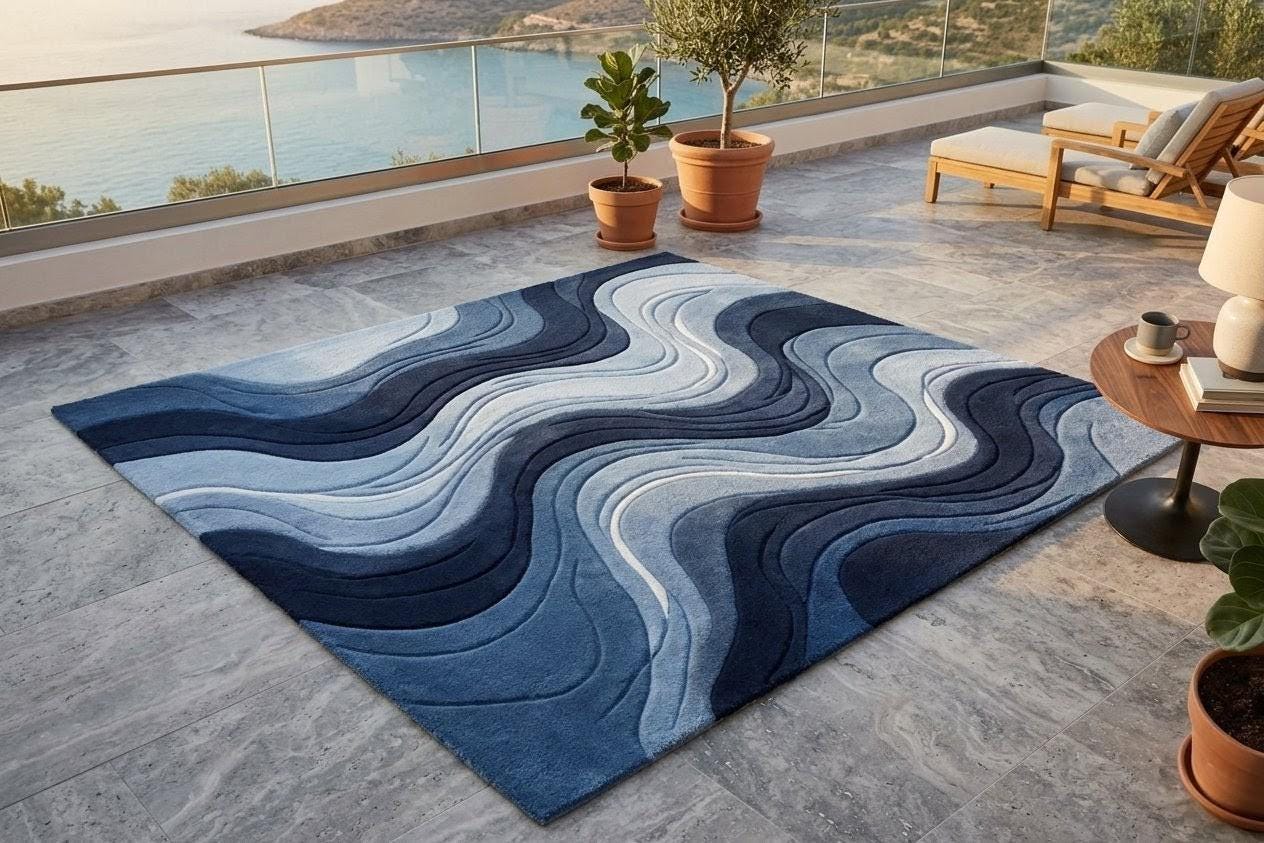 Blue Abstract Area Rug, Modern Wave Rug, Hand Tufted Living Room Carpet ...