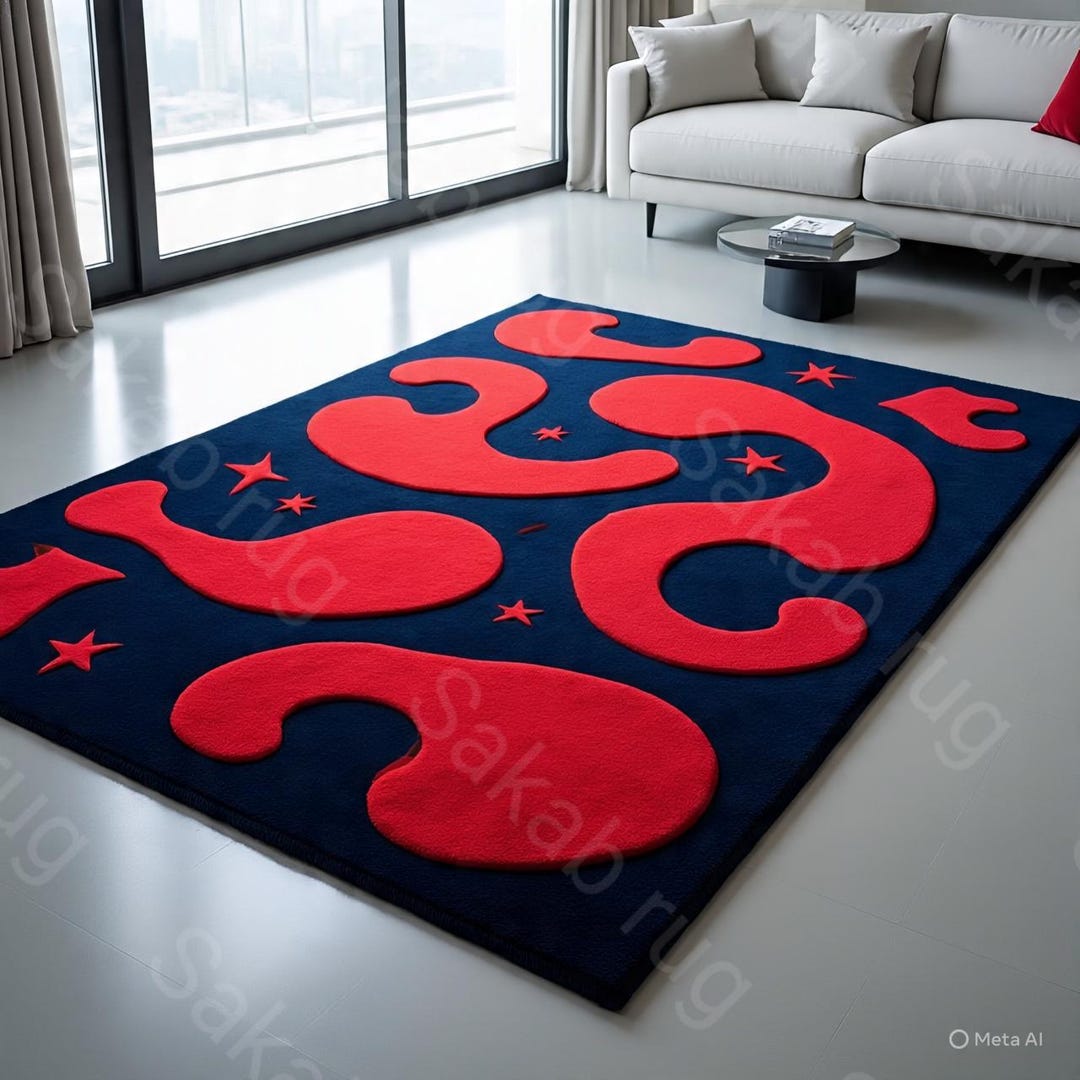 Navy Blue & Red Hand-tufted Abstract Area Carpet | Pop Art Squiggle Rug ...