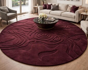 Large Round Burgundy Hand-Tufted Wool Rug, 3D Carved Swirl Pattern, Modern Luxury Area Rug for Living Room, Deep Red Textured Circular Rug