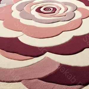 May include: A large, plush rug with a floral design. The rug features a rose pattern with layered petals in shades of cream, pink, and burgundy. The center of the rose is a deep burgundy, with lighter shades radiating outwards.