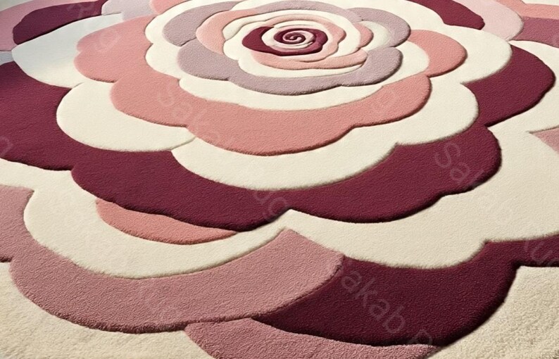 May include: A large, plush rug with a floral design. The rug features a rose pattern with layered petals in shades of cream, pink, and burgundy. The center of the rose is a deep burgundy, with lighter shades radiating outwards.