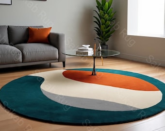 Modern Abstract Round Rug – Teal, Burnt Orange, Cream & Grey Handmade Carpet, Cozy Contemporary Area Rug for Living Room