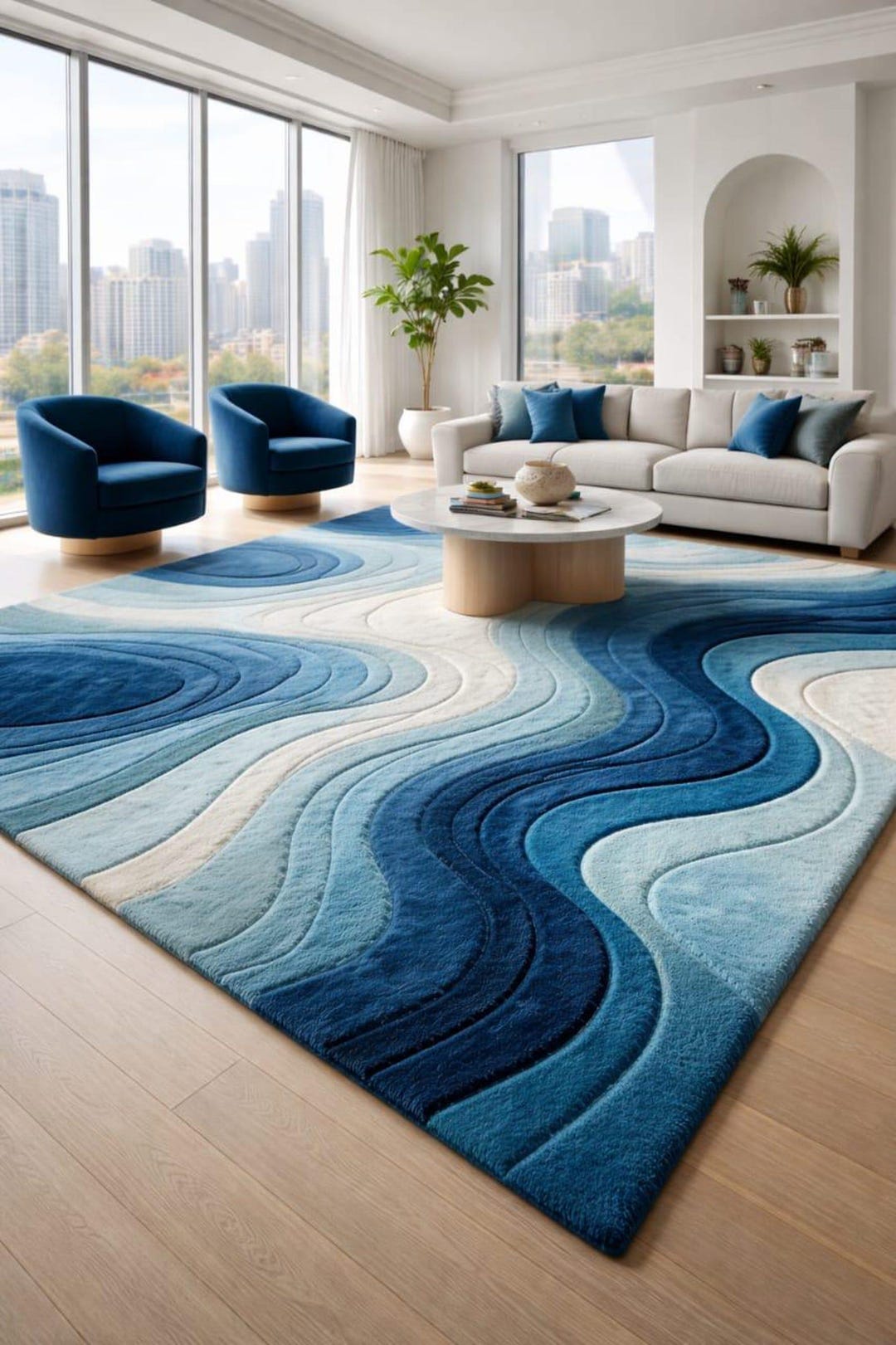 Unique Carved Blue Wave Area Rug Hand-tufted Modern Coastal Rug for ...