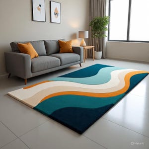 May include: A rectangular rug with a wave pattern in teal, blue, orange, beige, and white. The rug is on a grey tiled floor in front of a grey sofa with orange cushions. The rug's dimensions are not visible.
