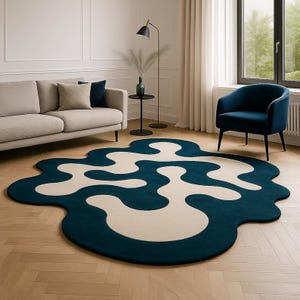 Blue and Ivory Hand Tufted Wool Rug – Modern Art Rug with Irregular Blob Shape for Bedroom, Living Room, Contemporary Aesthetic Carpet
