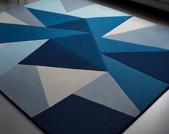 Modern Blue Geometric Area Rug | Hand Tufted Wool Minimalist Carpet for Living Room, Bedroom, Office | Earth Tone Scandinavian Style Rug