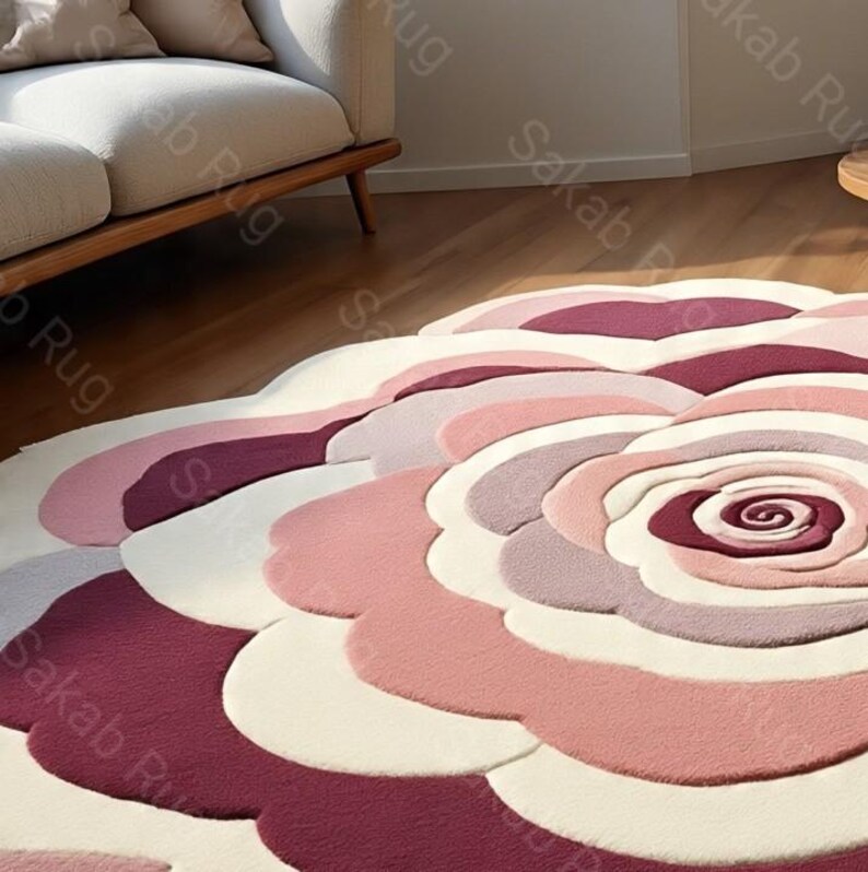 May include: A large, round rug with a floral design. The rug features a layered pattern of petals in shades of pink, white, and burgundy. The rug is placed on a hardwood floor, with a sofa visible in the background.