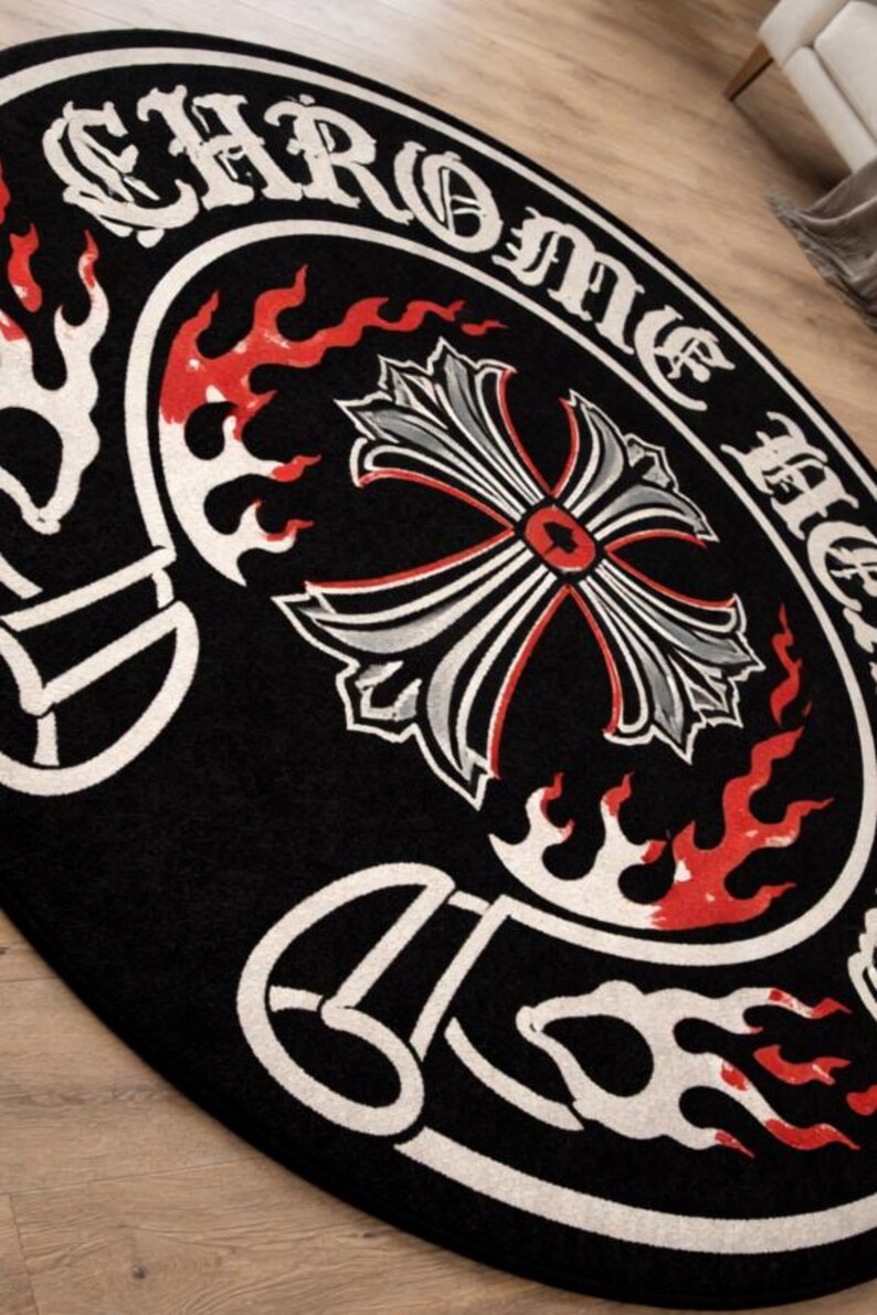 Chrome Hearts Inspired Circular Rug Gothic Cross & Flame Tufted Area ...