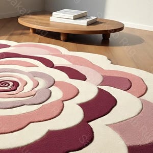 May include: A large, floral-shaped rug in shades of pink, cream, and burgundy. The rug's design resembles a rose, with layered petals and a central spiral. A wooden coffee table with books sits in the background.