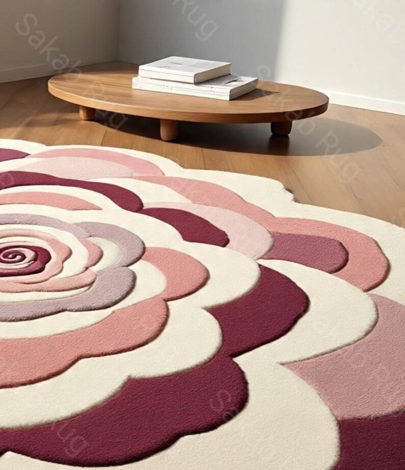 May include: A large, floral-shaped rug in shades of pink, cream, and burgundy. The rug's design resembles a rose, with layered petals and a central spiral. A wooden coffee table with books sits in the background.