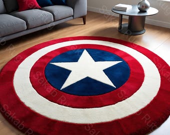 Handmade Round Wool Rug, Modern Star Pattern, Red White Blue Accent Carpet, Circular Living Room Area Rug, Soft Tufted Geometric Rug