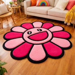 Handmade Pink Flower Rug, Takashi Murakami Inspired Smiley Face