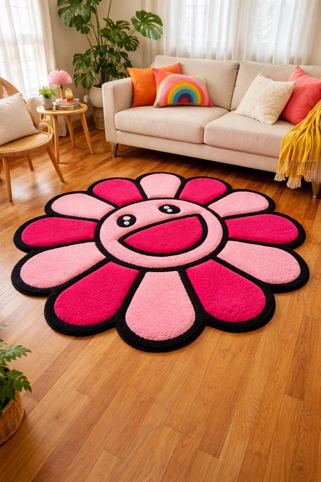 Handmade Pink Flower Rug, Takashi Murakami Inspired Smiley Face