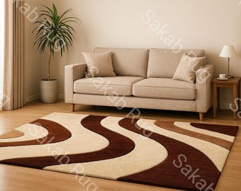 Hand Tufted Wavy Swirl Rug, Modern Abstract Brown Carpet, Neutral Living Room Rug, Contemporary Area Rug, Soft Beige and Brown Design