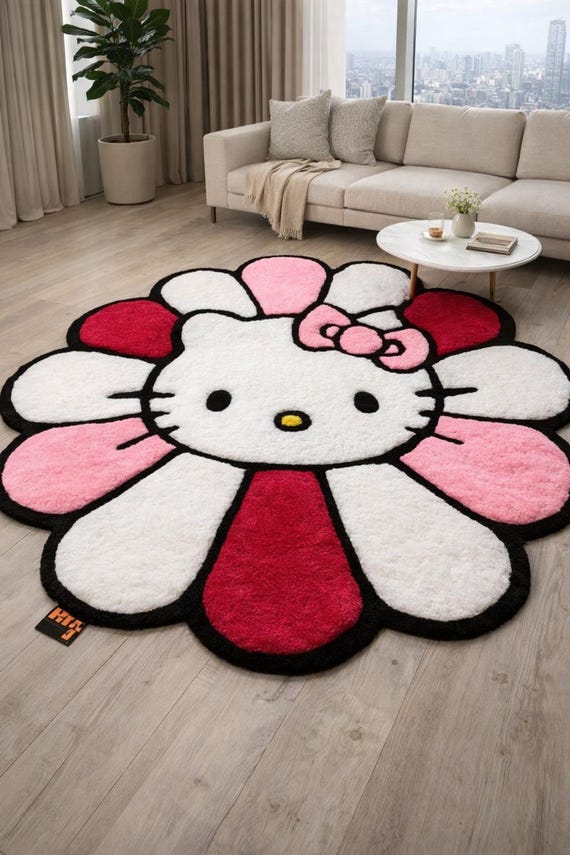 Hello Kitty Flower Rug Murakami Inspired 3D Tufted Area Rug Cute