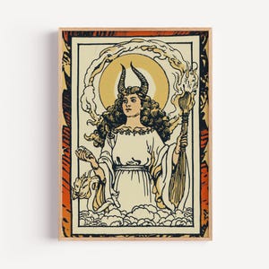 Lámina artística del Tarot de Hécate, ilustración de la diosa Whimsigoth, luz, mística, decoración de Witchcore, triple luna, borde rojo, arte de pared femenino divino