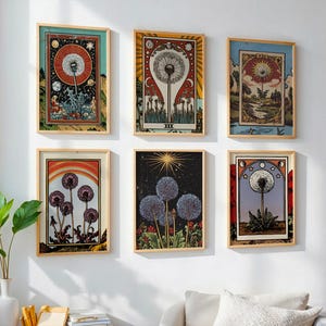 Grillige retro tarot paardebloem prints digitale download Rider Waite geïnspireerd spirituele kunst bundel zes high-res mystieke wanddecoratie