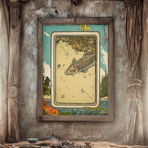 Stampa artistica dei tarocchi del pesce Koi, decorazione murale mistica alchemica, opera d'arte spirituale stravagante, poster minimalista sacro.