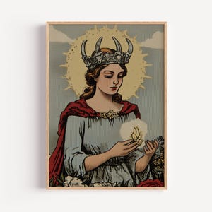 Impresión artística del Tarot Solar Hécate, diosa Whimsigoth sosteniendo fuego, ilustración de halo solar, luz, witchcore, divina feminidad, decoración de pared