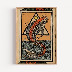 Impresión vintage de esqueleto alquímico koi, estilo tarot oculto, arte de pared, estética Rider Waite