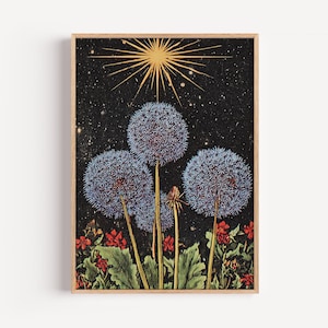 Impressão artística de tarô dente-de-leão Whimsigoth – Céu noturno místico, ilustração de estrela celestial, decoração de parede botânica gótica