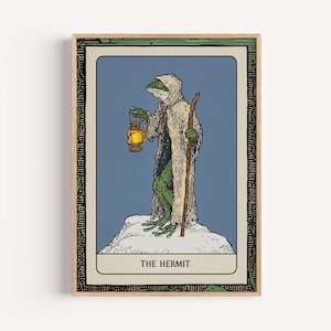 Impresión artística de la rana ermitaña del Tarot, estilo Rider Waite, ilustración de rana zen mística, arte de pared de rana psicodélica