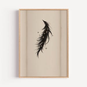 Impression d'art plume de phénix, art mural fantaisie minimaliste, illustration de plume céleste avec étoiles, décoration mystique de texture de papier
