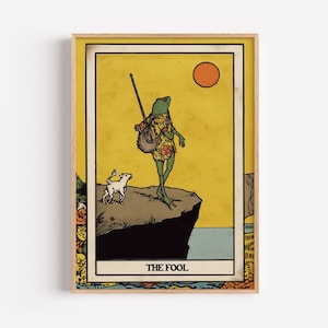 Arte de sapo de tarô "The Fool", arte de parede de sapo excêntrica em estilo tarô vintage, pôster de sapo psicodélico surreal, decoração mística de anfíbio