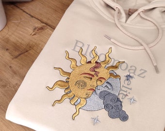 Embroidered Sun and Moon Hoodie Sweatshirt, Embroidered pullover sweater, Embroidered art, Bohemian Hoodie, Gift for him, Gift for her