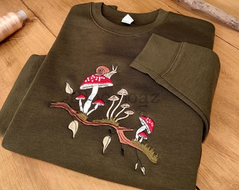 Mushrooms fungi forest lover Pullover, embroidered sweatshirt, embroidered art, embroidered hoodie, embroidered snail