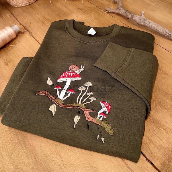 Pilze Pilze Waldliebhaber Pullover, besticktes Sweatshirt, bestickte Kunst, bestickter Hoodie, bestickte Schnecke